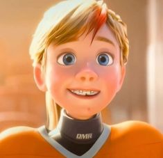 the animated character is smiling and wearing an orange shirt