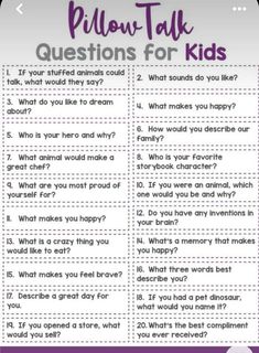 a purple and white poster with the words plow talk questions for kids