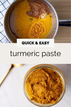 two bowls filled with different types of food and the words quick & easy turmic paste