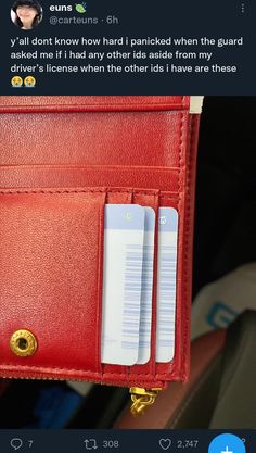 a red wallet with three cards in it and the text, i'm all done know how hard i picked when the card was delivered