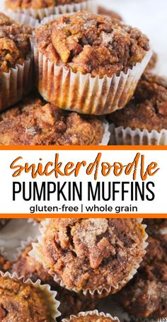 pumpkin muffins stacked on top of each other with the title text overlay