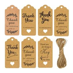 thank you gift tags with twine for wedding or special occasion, set of 10