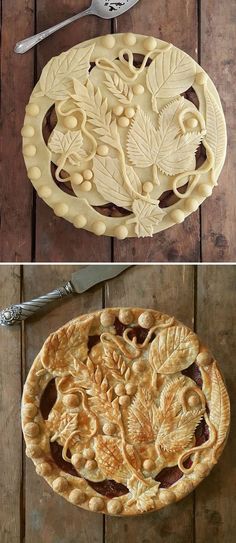 two different views of the same pie crust, one with leaves and berries on it