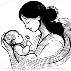 a black and white drawing of a woman holding a baby in her arms, with the word