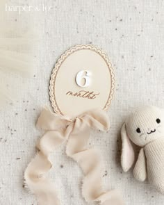 a white stuffed animal next to a tag with the number six on it's side