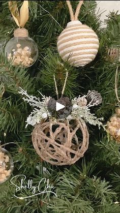 an ornament hanging from the top of a christmas tree with ornaments on it