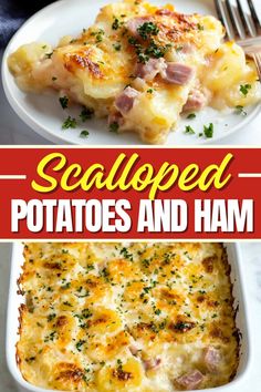 two pictures with potatoes and ham in them, one is cooked and the other has melted cheese