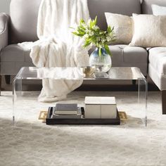 a living room scene with focus on the couch and coffee table, which has a glass top