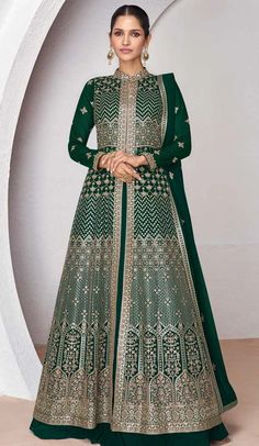 Georgette Embroidery Work Anarkali Style Salwar Suit In Bottle Green - 9728189110 Lehenga Green, Organza Kurti, Organza Suits, Pakistani Designer Clothes, Organza Sleeves, Party Sarees, Pakistani Wedding Outfits, Lehenga Style, Anarkali Suit