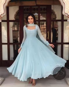 Sky Blue Indian Suit, Gown Dress Design Indian, Diwali Inspired Outfit, Suit Colors Women, Sky Blue Anarkali Suits, Anarkalis For Women, Gown Suits For Women, Long Dresses Indian Style Anarkali Suits, Indian Churidar Designs