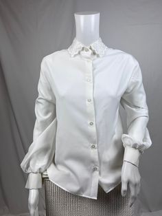 "Very Pretty Vintage Blouse.  White blouse Button Fastening Cuffs Embroidery Detail on Collar Scalloped Collar  French Made 100% Polyester Measurements  Bust - 48\" Waist - 46\" Length - 25\" Sleeve - 23\" Shoulder - 18\"" Scallop Collar, White Embroidered Blouse, Scalloped Collar, Vintage Blouse, Blouse White, Blouse Vintage, Embroidery Details, White Blouse, Embroidered Blouse