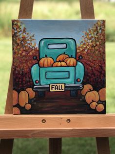 Teal truck scene with fall trees and pumpkins Tiny Canvas Painting, Truck With Pumpkins, Halloween Canvas Art, Helloween Wallpaper, Tiny Canvas, Fall Drawings, Fall Fest