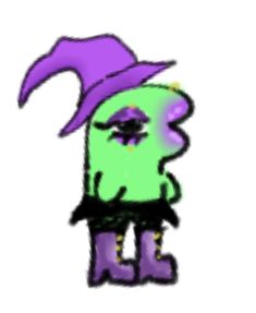 an image of a cartoon character with a purple hat and green body wearing black pants