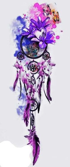 a drawing of a dream catcher with flowers on it's head and feathers hanging from the