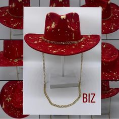 “Biz” Red Suede Rancher Hat By Www.Thechapeauholic.Com Follow Me On Ig @Thechapeauholic Hand Painted Gold Chain Signature Feather 3.5 Inch Brim/4 Inch Crown Medium 57cm-59cm Elastic Sweatband Red Short Brim Top Hat For Fall, Red Western-style Party Hat, Red Fitted Fedora For Party, Red Western Style Party Hat, Trendy Fitted Festival Hats, Trendy Hat For Kentucky Derby Party, Trendy Hats For Kentucky Derby Party, Trendy Mini Hats With Short Brim For Festivals, Trendy Red Hat With Curved Brim