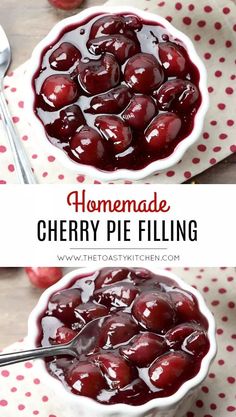 homemade cherry pie filling in a white bowl with cherries on the side and text overlay reading homemade cherry pie filling