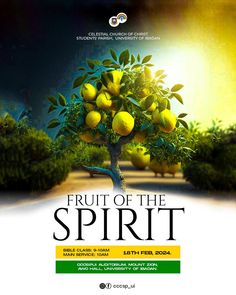 an advertisement for fruit of the spirit with lemons growing on trees in front of them