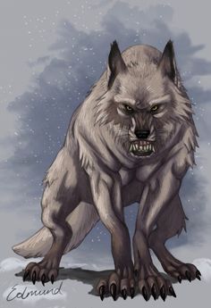 a drawing of a wolf with green eyes and claws on it's back legs