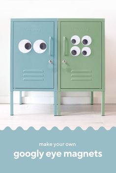 The first image shows two short lockers, one light blue and one light green, side by side with googly eyes stuck onto them. Kids Locker, Googly Eyes, All Eyes, Diy Organization, Hot Glue, All About Eyes, Some Fun