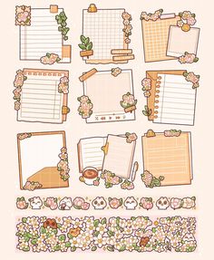 a set of paper with flowers and notes on it, all lined up in rows