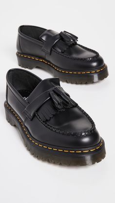 Find DR. MARTENS Adrian Bex Loafers on Editorialist. Leather: Cowhide. Matte finish. Contrast welt stitching. Tassel accents. Non-slip PVC AirWair sole. Imported, Lao People's Dem. Rep.. This item cannot be gift-boxed. Measurements: Heel: 1.25in / 31mm Adrian Bex Loafers, Martens Loafers, Dr Martens Loafers, Dr Martens Adrian, Chunky Loafers, Bf Gifts, Platform Loafers, Black Shoes Women, Tassel Loafers