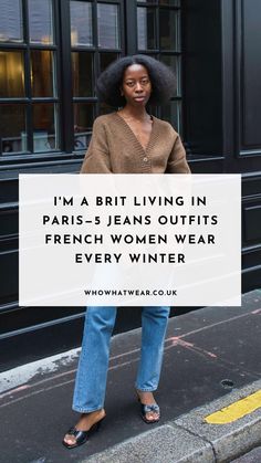 Jeans are a staple of French women, especially in the autumn. Here are five outfits to shop, if you're looking to embrace the French girl jeans trend. Chic French Outfits Winter, Loose Jeans And Heels Outfit, Black French Women Style, Italian Jeans Outfit, Chic Walking Outfit, Monochrome Jeans Outfit, Polished Jeans Outfit, Classy Casual Jeans Outfit, French Sweater Outfit