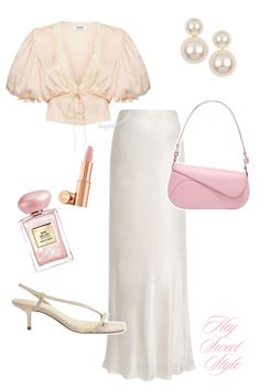 light pink lace top, pearl maxi skirt, + beige kitten heels 12 spring outfit ideas ౨ৎ Beige Kitten, Pink Satin Skirt, Satin Skirt Outfit, Spring Skirt Outfits, Pink Lace Top, Outfit Minimalist