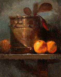 an oil painting of oranges on a shelf