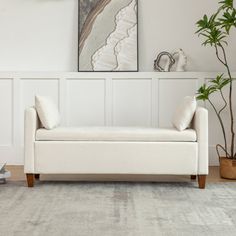 a living room with a white couch and potted plant on the floor next to it