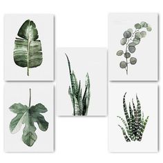 four green leaf prints on white paper, each with different leaves and foliage in them