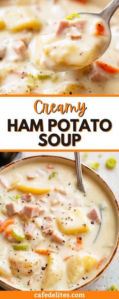 creamy ham potato soup in a white bowl with a spoon and title text at the top