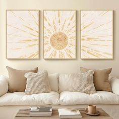 PRICES MAY VARY. [Framed Boho Wall Art]: Set of 3 framed boho sun canvas wall art, each measuring 16x24 inch, the total size of 3 pieces is 24" H x 48" W, The Frame is made of durable, rust-resistant metal and covered with a layer of wood veneer and finished in a natural wood colour to simulate the texture of real wood. [Canvas Art Wall Decor]: Our boho wall art is made of waterproof canvas, which is moisture-proof and easy to maintain. This canvas has a unique texture that can enhance the visua Boho Painting For Bedroom, Boho Desert Decor, Art Over Couch, Boho Minimalist Art, Bohemian Painting, Boho Frame Wall, Sun Wall Art, Seashell Wall Art, Beach Canvas Wall Art