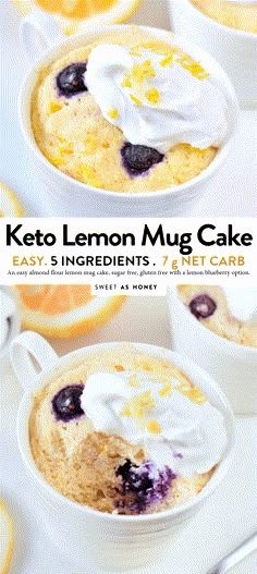 the cover of keto lemon mug cake, with blueberries and oranges in the background