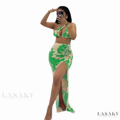 Lasaky - Floral Patterned Midi Skirt Green Stretch Skirt For Summer, Two-piece Maxi Skirt For Beach Spring Season, Trendy Summer Party Maxi Skirt, Spring Beach Two-piece Maxi Skirt, Two-piece Skirt For Beach Season Parties, Green Skirt Set For Spring Party, Stretch Two-piece Beach Skirt, Two-piece Party Skirt For Beach Season, Stretch Two-piece Skirt For Beach