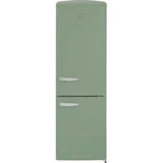 a green refrigerator freezer sitting on top of a white wall