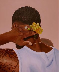 a painting of a woman holding her hand to her face with flowers in her hair