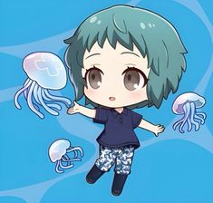 an anime character is floating in the water with jellyfishs around her and holding his arms out