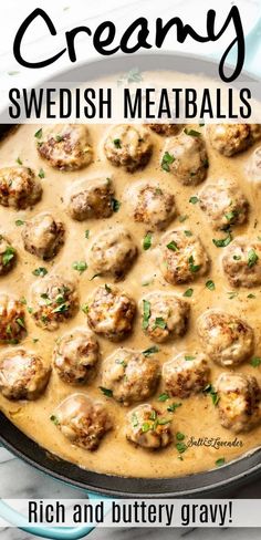 swedish meatballs with gravy in a skillet