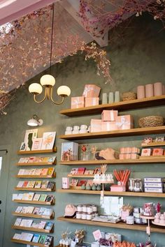 the shelves are filled with books and other items for sale in front of a green wall