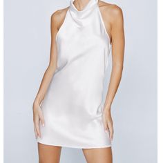 Nasty Gal Mini White Halter Dress White Halter Dress Short, Wedding Rehearsal Dress, Mini Halter Dress, Halter Dress Short, Short Satin, White Halter Dress, Rehearsal Dress, Wedding Rehearsal, Dress Short