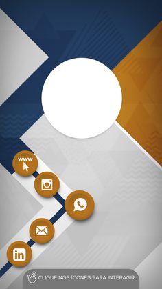 an orange and blue abstract background with white circles on the left side, and several other icons