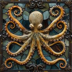 an intricately designed glass panel with an octopus on it's face and head