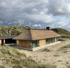 a house with a thatched roof on the beach