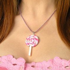 Sweet Pink and Purple Lollipop Necklace  (D1I2) Sweet Pink Polymer Clay Jewelry, Sweet Pink Plastic Jewelry, Purple Lollipop, Candy Photoshoot, Doll Closet, Sweet Like Candy, Doll Aesthetic, Project Runway, Ball Chain Necklace