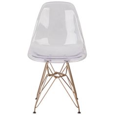 a clear plastic chair with gold legs and a metal base on an isolated white background