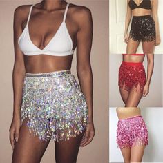 three different styles of women's shorts with sequins on the bottom and bottom