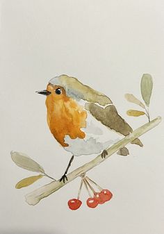 a watercolor painting of a bird on a branch with berries