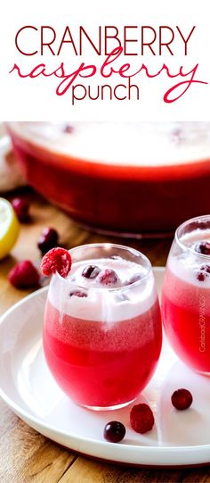 two glasses of cranberry raspberry punch on a plate