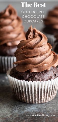 the best gluten free chocolate cupcakes with chocolate frosting on top