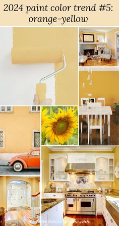 a collage of photos with the words paint color trend 5 orange - yellow